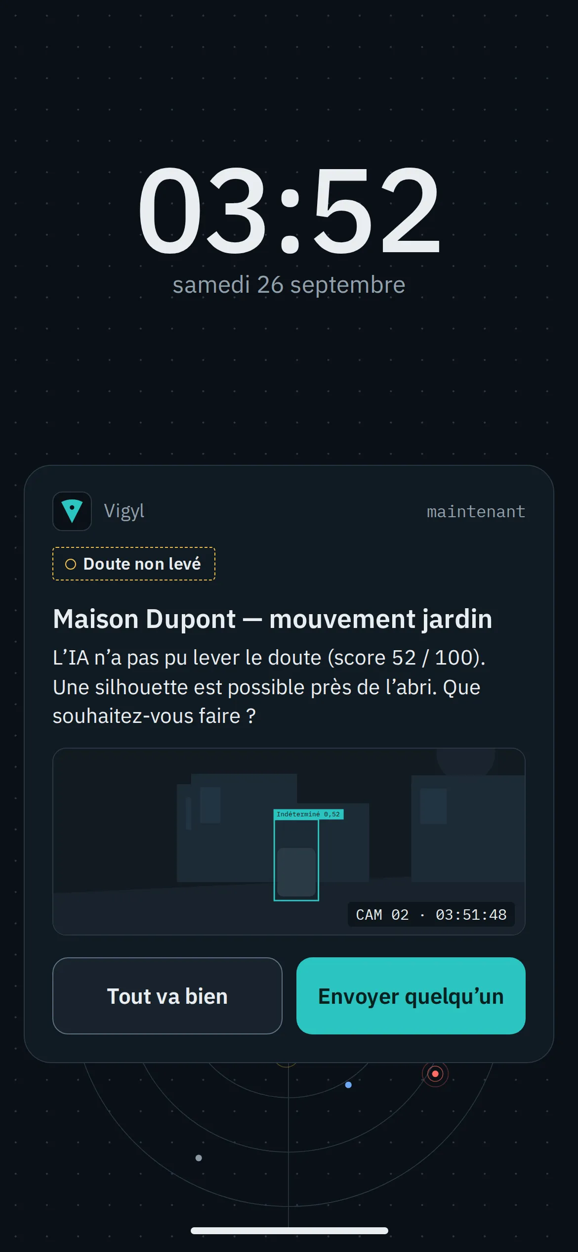 Notification Vigyl « Doute non levé » : l’IA n’a pas pu lever le doute (score 52 sur 100), une silhouette est possible près de l’abri ; image de la caméra et deux choix, « Tout va bien » ou « Envoyer quelqu’un ».